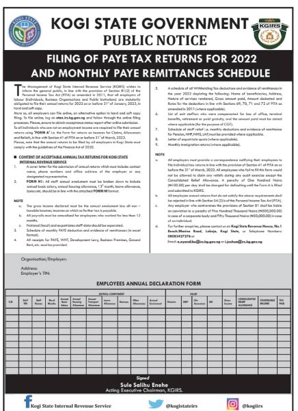 FILING OF PAYE TAX RETURNS FOR 2022 AND MONTHLY PAYE REMITTANCES SCHEDULE