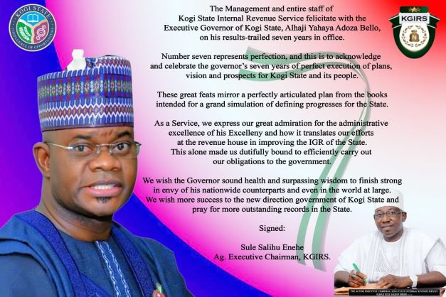 KGIRS AG EXECUTIVE CHAIRMAN , ALHAJI SULE SALIHU ENEHE, FELICITATES WITH THE EXECUTIVE GOVERNOR OF KOGI STATE, ALHAJI YAHAYA BELLO, ON HIS RESULTS-TRAILED SEVEN YEARS IN OFFICE.